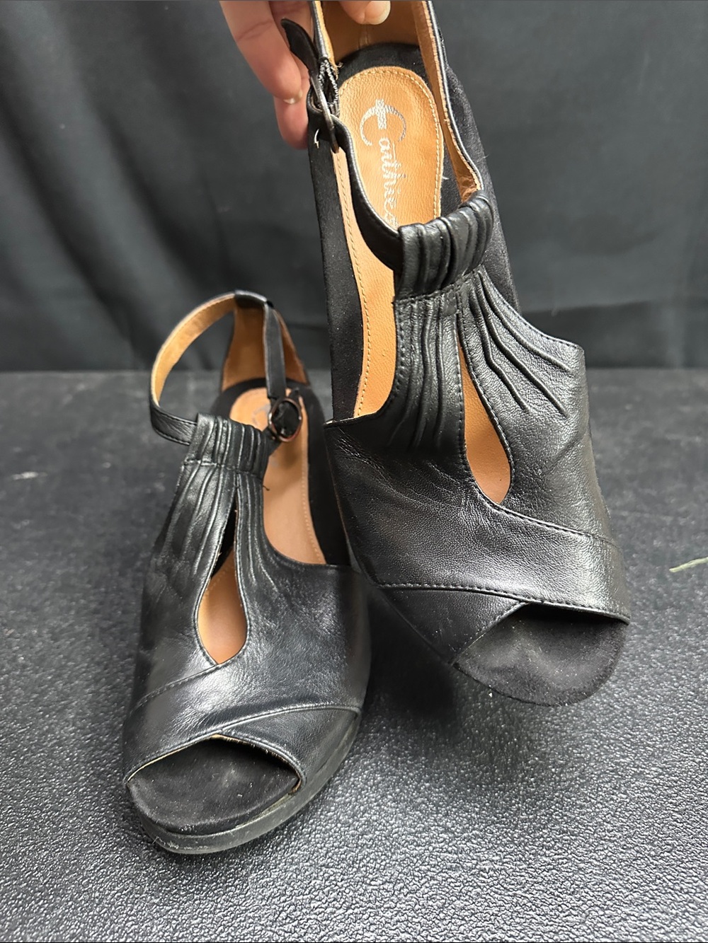 Earthies Black Leather Peep-Toe Slingback Wedges “Seria” 9B